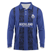 Custom Oceania Football NZ Auckland Long Sleeve Polo Shirt Maori Tribal Pattern LT9 Blue - Polynesian Pride