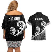 Kia Ora Maori Language Couples Matching Off Shoulder Short Dress and Hawaiian Shirt Te Reo Maori Koru Fern Art