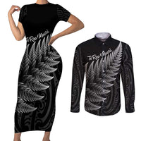 New Zealand Te Reo Māori Couples Matching Short Sleeve Bodycon Dress and Long Sleeve Button Shirt Simple Black Fern