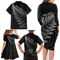 New Zealand Te Reo Māori Family Matching Long Sleeve Bodycon Dress and Hawaiian Shirt Simple Black Fern