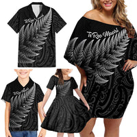 New Zealand Te Reo Mori Family Matching Off Shoulder Short Dress and Hawaiian Shirt Simple Black Fern LT9 - Polynesian Pride