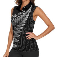 New Zealand Te Reo Mori Women Sleeveless Polo Shirt Simple Black Fern LT9 - Polynesian Pride