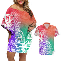 Polynesian Sunset Plumeria Couples Matching Off Shoulder Short Dress and Hawaiian Shirt Pacific Island Tribal Blossom Style LT9 Blossom - Polynesian Pride