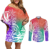 Polynesian Sunset Plumeria Couples Matching Off Shoulder Short Dress and Long Sleeve Button Shirts Pacific Island Tribal Blossom Style LT9 Blossom - Polynesian Pride