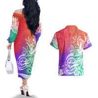 Polynesian Sunset Plumeria Couples Matching Off The Shoulder Long Sleeve Dress and Hawaiian Shirt Pacific Island Tribal Blossom Style LT9 - Polynesian Pride