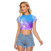 Polynesian Sunset Plumeria Raglan Cropped T Shirt Pacific Island Tribal Blue Style LT9 Female Blue - Polynesian Pride
