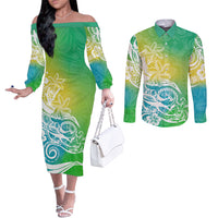 Polynesian Sunset Plumeria Couples Matching Off The Shoulder Long Sleeve Dress and Long Sleeve Button Shirts Pacific Island Tribal Green Style LT9 Green - Polynesian Pride