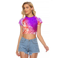 Polynesian Sunset Plumeria Raglan Cropped T Shirt Pacific Island Tribal Purple Style LT9 Female Purple - Polynesian Pride