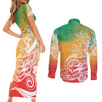 Polynesian Sunset Plumeria Couples Matching Short Sleeve Bodycon Dress and Long Sleeve Button Shirts Pacific Island Tribal Reggae Style LT9 - Polynesian Pride