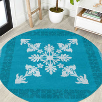 Hawaiian Quilt Block Design Round Carpet Teal Hawaii Culture Motifs - Polynesian Pride