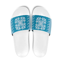 Blue Ulu Palaka Quilt Pattern Slide Sandals Hawaii Culture Breadfruit - Polynesian Pride