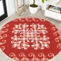 Red Ulu Palaka Quilt Pattern Round Carpet Hawaii Culture Breadfruit - Polynesian Pride