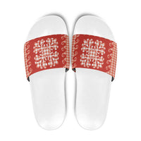 Red Ulu Palaka Quilt Pattern Slide Sandals Hawaii Culture Breadfruit - Polynesian Pride