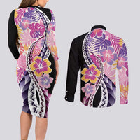 Aloha Vintage Hibiscus Lei Seamless Pattern Couples Matching Long Sleeve Bodycon Dress and Long Sleeve Button Shirt - Polynesian Pride