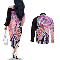 Aloha Vintage Hibiscus Lei Seamless Pattern Couples Matching Off The Shoulder Long Sleeve Dress and Long Sleeve Button Shirt - Polynesian Pride