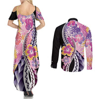 Aloha Vintage Hibiscus Lei Seamless Pattern Couples Matching Summer Maxi Dress and Long Sleeve Button Shirt - Polynesian Pride