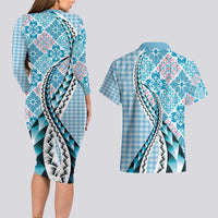 Aloha Vintage Palaka Floral Hawaiian Quilt Couples Matching Long Sleeve Bodycon Dress and Hawaiian Shirt Uliuli Motif - Polynesian Pride