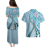 Aloha Vintage Palaka Floral Hawaiian Quilt Couples Matching Puletasi and Hawaiian Shirt Uliuli Motif - Polynesian Pride