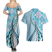 Aloha Vintage Palaka Floral Hawaiian Quilt Couples Matching Summer Maxi Dress and Hawaiian Shirt Uliuli Motif - Polynesian Pride