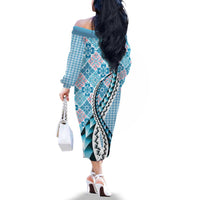 Aloha Vintage Palaka Floral Hawaiian Quilt Family Matching Off The Shoulder Long Sleeve Dress and Hawaiian Shirt Uliuli Motif - Polynesian Pride