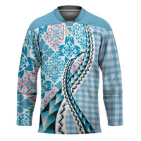 Aloha Vintage Palaka Floral Hawaiian Quilt Hockey Jersey Uliuli Motif LT9 Unisex Blue - Polynesian Pride