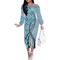 Aloha Vintage Palaka Floral Hawaiian Quilt Off The Shoulder Long Sleeve Dress Uliuli Motif - Polynesian Pride