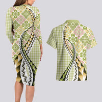 Aloha Vintage Palaka Floral Hawaiian Quilt Couples Matching Long Sleeve Bodycon Dress and Hawaiian Shirt Omaomao Motif - Polynesian Pride