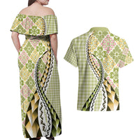 Aloha Vintage Palaka Floral Hawaiian Quilt Couples Matching Off Shoulder Maxi Dress and Hawaiian Shirt Omaomao Motif - Polynesian Pride