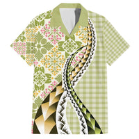 Aloha Vintage Palaka Floral Hawaiian Quilt Family Matching Off The Shoulder Long Sleeve Dress and Hawaiian Shirt Omaomao Motif - Polynesian Pride