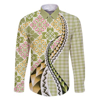 Aloha Vintage Palaka Floral Hawaiian Quilt Family Matching Off The Shoulder Long Sleeve Dress and Hawaiian Shirt Omaomao Motif - Polynesian Pride