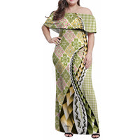 Aloha Vintage Palaka Floral Hawaiian Quilt Family Matching Off Shoulder Maxi Dress and Hawaiian Shirt Omaomao Motif - Polynesian Pride