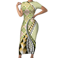 Aloha Vintage Palaka Floral Hawaiian Quilt Family Matching Short Sleeve Bodycon Dress and Hawaiian Shirt Omaomao Motif - Polynesian Pride