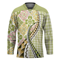Aloha Vintage Palaka Floral Hawaiian Quilt Hockey Jersey Omaomao Motif LT9 Unisex Lime - Polynesian Pride