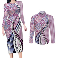 Aloha Vintage Palaka Floral Hawaiian Quilt Couples Matching Long Sleeve Bodycon Dress and Long Sleeve Button Shirt Akala Motif - Polynesian Pride