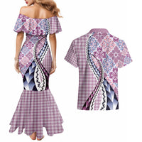 Aloha Vintage Palaka Floral Hawaiian Quilt Couples Matching Mermaid Dress and Hawaiian Shirt Akala Motif - Polynesian Pride