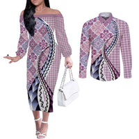 Aloha Vintage Palaka Floral Hawaiian Quilt Couples Matching Off The Shoulder Long Sleeve Dress and Long Sleeve Button Shirt Akala Motif - Polynesian Pride