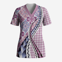 Aloha Vintage Palaka Floral Hawaiian Quilt Scrub Top Akala Motif - Polynesian Pride