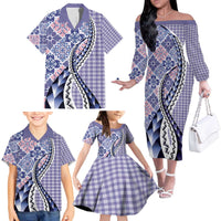 Aloha Vintage Palaka Floral Hawaiian Quilt Family Matching Off The Shoulder Long Sleeve Dress and Hawaiian Shirt Poni Motif - Polynesian Pride