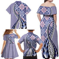 Aloha Vintage Palaka Floral Hawaiian Quilt Family Matching Off Shoulder Maxi Dress and Hawaiian Shirt Poni Motif - Polynesian Pride