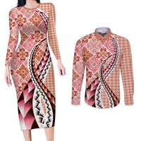 Aloha Vintage Palaka Floral Hawaiian Quilt Couples Matching Long Sleeve Bodycon Dress and Long Sleeve Button Shirt Ulaula Motif - Polynesian Pride
