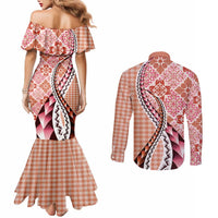 Aloha Vintage Palaka Floral Hawaiian Quilt Couples Matching Mermaid Dress and Long Sleeve Button Shirt Ulaula Motif - Polynesian Pride