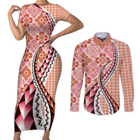 Aloha Vintage Palaka Floral Hawaiian Quilt Couples Matching Short Sleeve Bodycon Dress and Long Sleeve Button Shirt Ulaula Motif - Polynesian Pride