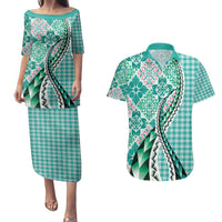 Aloha Vintage Palaka Floral Hawaiian Quilt Couples Matching Puletasi and Hawaiian Shirt Polu Motif - Polynesian Pride