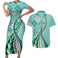 Aloha Vintage Palaka Floral Hawaiian Quilt Couples Matching Short Sleeve Bodycon Dress and Hawaiian Shirt Polu Motif - Polynesian Pride