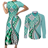 Aloha Vintage Palaka Floral Hawaiian Quilt Couples Matching Short Sleeve Bodycon Dress and Long Sleeve Button Shirt Polu Motif - Polynesian Pride