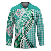 Aloha Vintage Palaka Floral Hawaiian Quilt Hockey Jersey Polu Motif LT9 Unisex Turquoise - Polynesian Pride