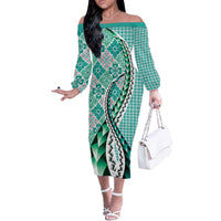 Aloha Vintage Palaka Floral Hawaiian Quilt Off The Shoulder Long Sleeve Dress Polu Motif - Polynesian Pride