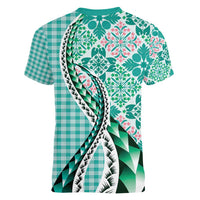 Aloha Vintage Palaka Floral Hawaiian Quilt Women V-Neck T-Shirt Polu Motif - Polynesian Pride