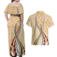 Aloha Vintage Palaka Floral Hawaiian Quilt Couples Matching Off Shoulder Maxi Dress and Hawaiian Shirt Melemele Motif - Polynesian Pride