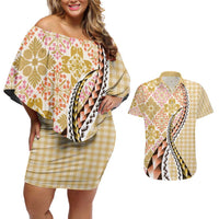 Aloha Vintage Palaka Floral Hawaiian Quilt Couples Matching Off Shoulder Short Dress and Hawaiian Shirt Melemele Motif - Polynesian Pride